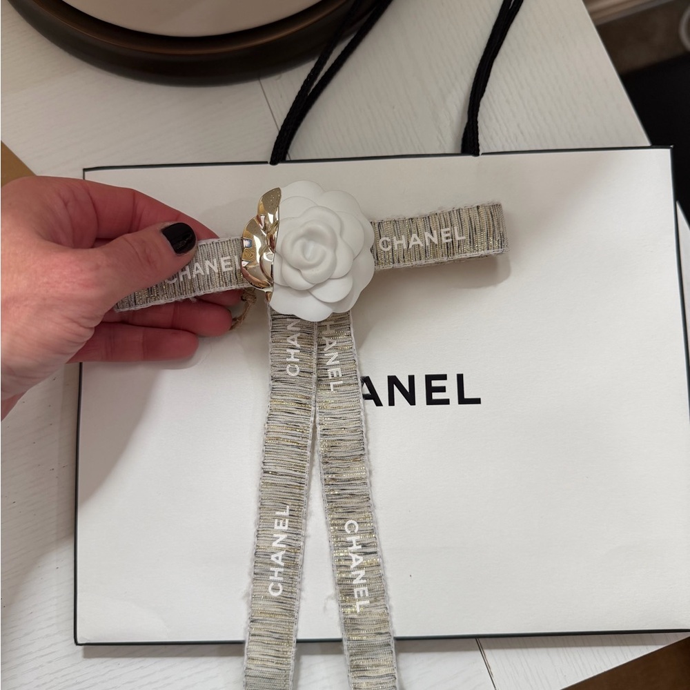 Authentic Chanel Ribbon with Camellia Flower Barrette great gift! NWT